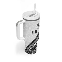 Custom Fijian Rugby Tumbler With Handle Tapa Pattern and Palm Tree Tribal