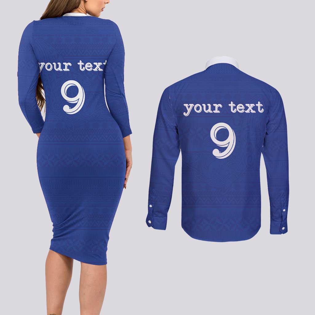 Custom Fijian Football Couples Matching Long Sleeve Bodycon Dress and Long Sleeve Button Shirt Tapa Pattern and Shark Tribal LT03 - Polynesian Pride
