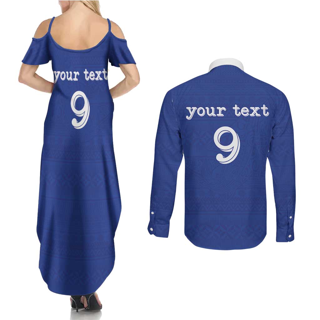 Custom Fijian Football Couples Matching Summer Maxi Dress and Long Sleeve Button Shirt Tapa Pattern and Shark Tribal