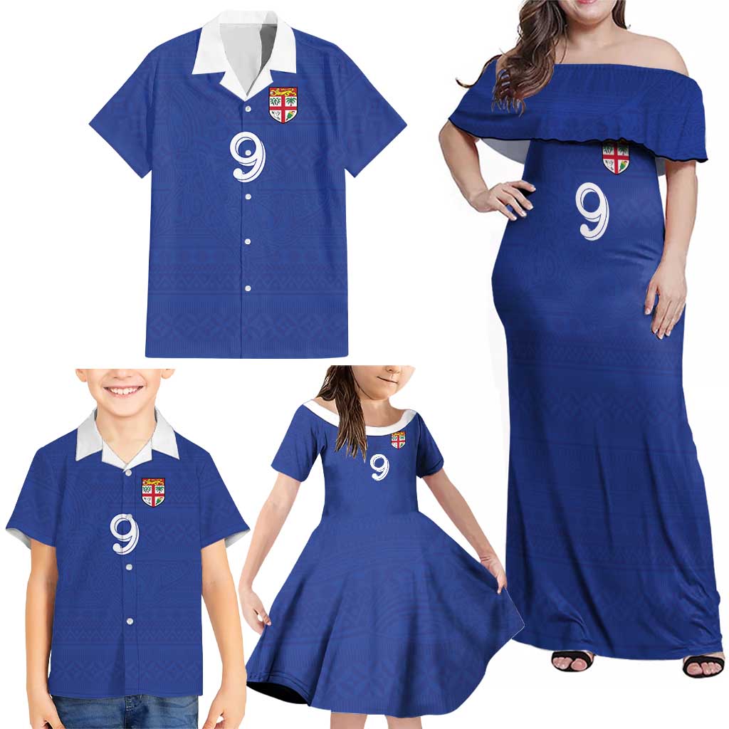 Custom Fijian Football Family Matching Off Shoulder Maxi Dress and Hawaiian Shirt Tapa Pattern and Shark Tribal LT03 - Polynesian Pride