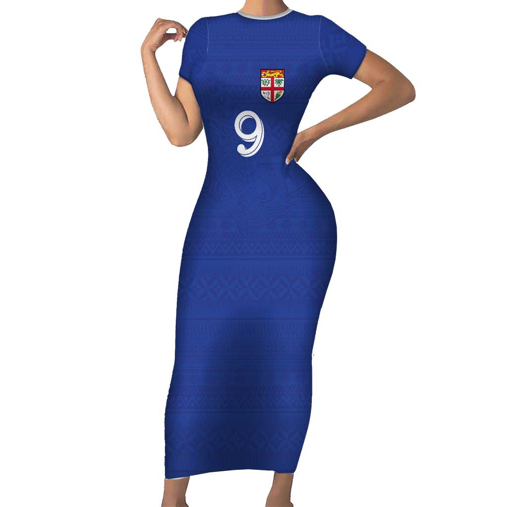 Custom Fijian Football Family Matching Short Sleeve Bodycon Dress and Hawaiian Shirt Tapa Pattern and Shark Tribal LT03 Mom's Dress Blue - Polynesian Pride