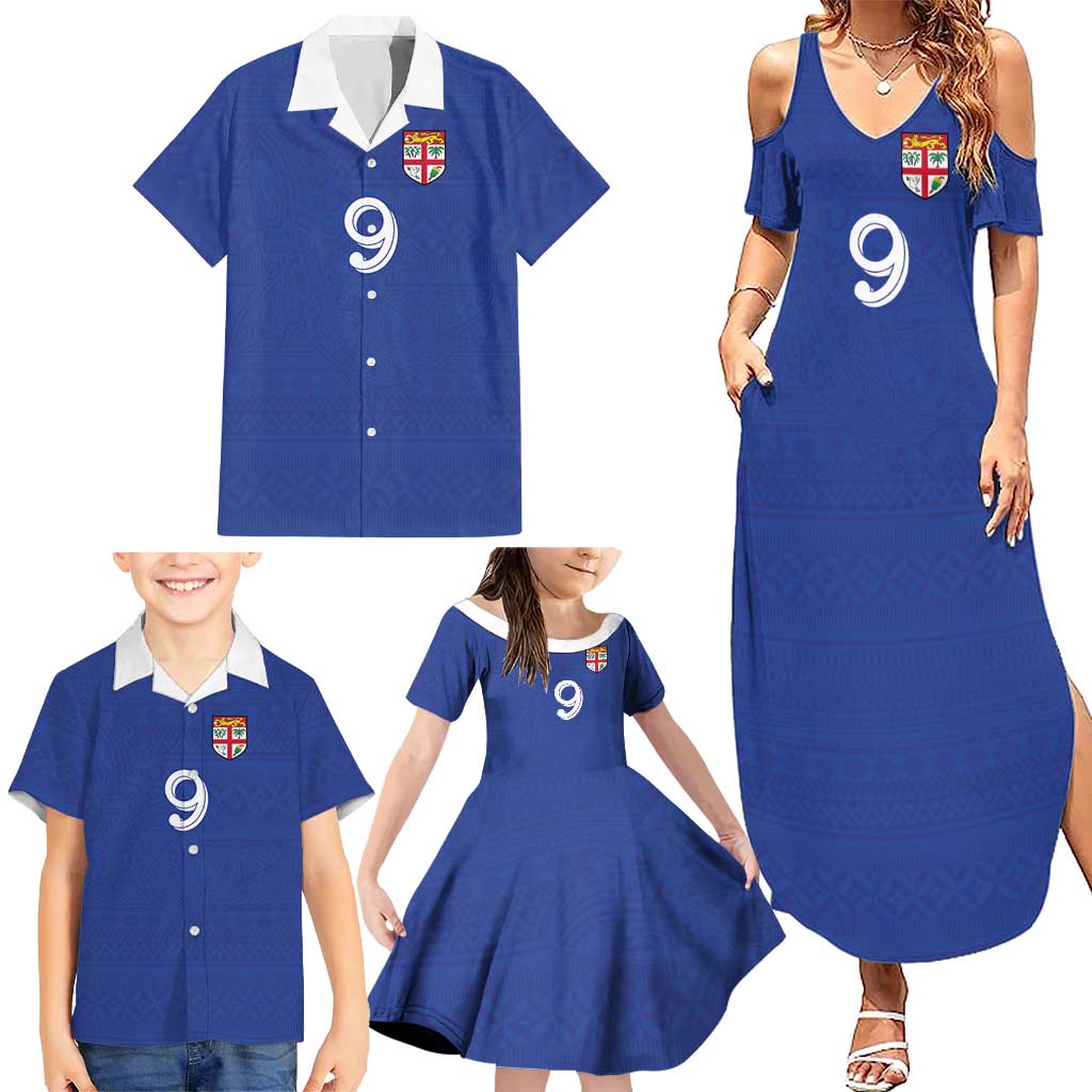 Custom Fijian Football Family Matching Summer Maxi Dress and Hawaiian Shirt Tapa Pattern and Shark Tribal