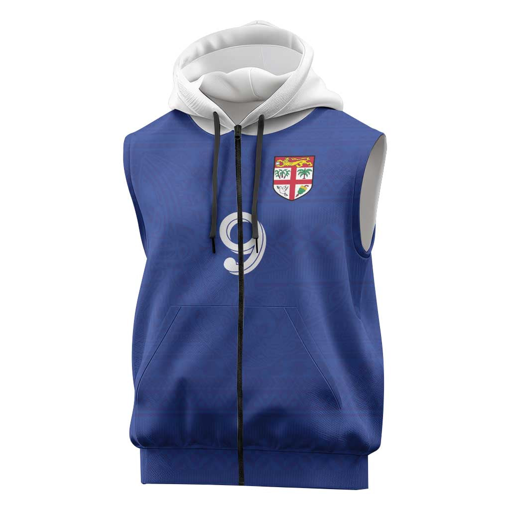 Custom Fijian Football Sleeveless Zip Hoodie Tapa Pattern and Shark Tribal
