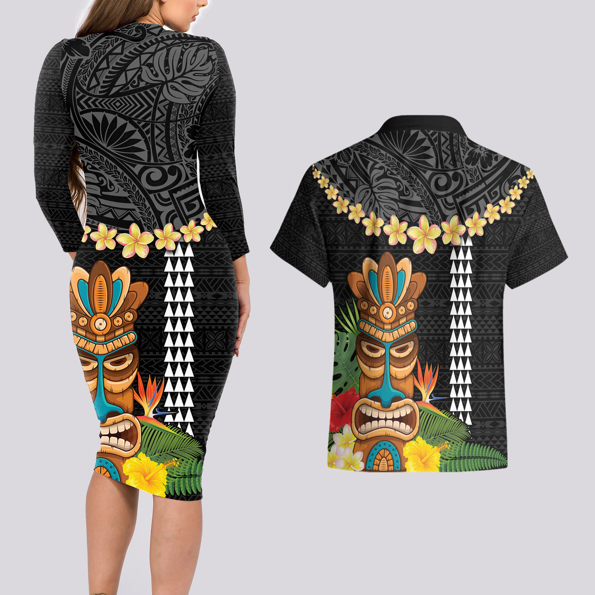 Hawaii Plumeria Lei Couples Matching Long Sleeve Bodycon Dress and Hawaiian Shirt Tiki and Kakau Pattern Black Color LT03 - Polynesian Pride