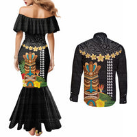 Hawaii Plumeria Lei Couples Matching Mermaid Dress and Long Sleeve Button Shirt Tiki and Kakau Pattern Black Color LT03 - Polynesian Pride