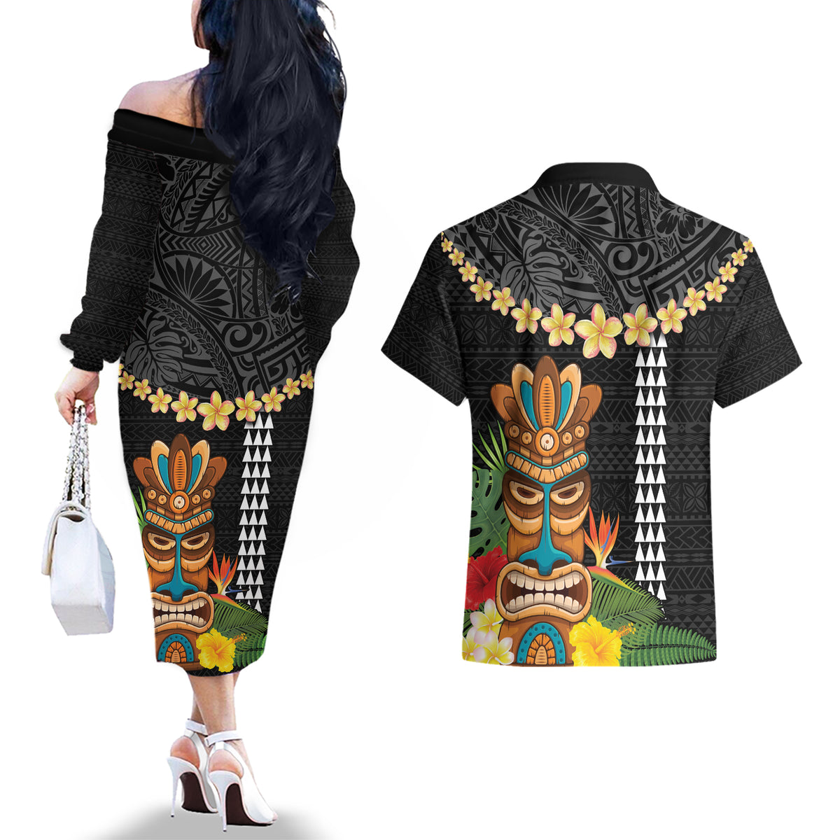 Hawaii Plumeria Lei Couples Matching Off The Shoulder Long Sleeve Dress and Hawaiian Shirt Tiki and Kakau Pattern Black Color LT03 - Polynesian Pride