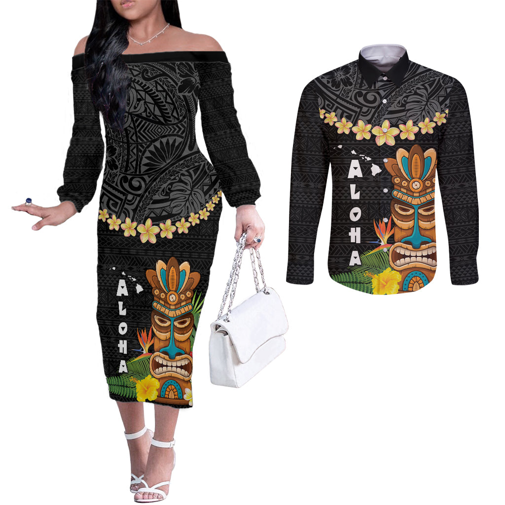 Hawaii Plumeria Lei Couples Matching Off The Shoulder Long Sleeve Dress and Long Sleeve Button Shirt Tiki and Kakau Pattern Black Color
