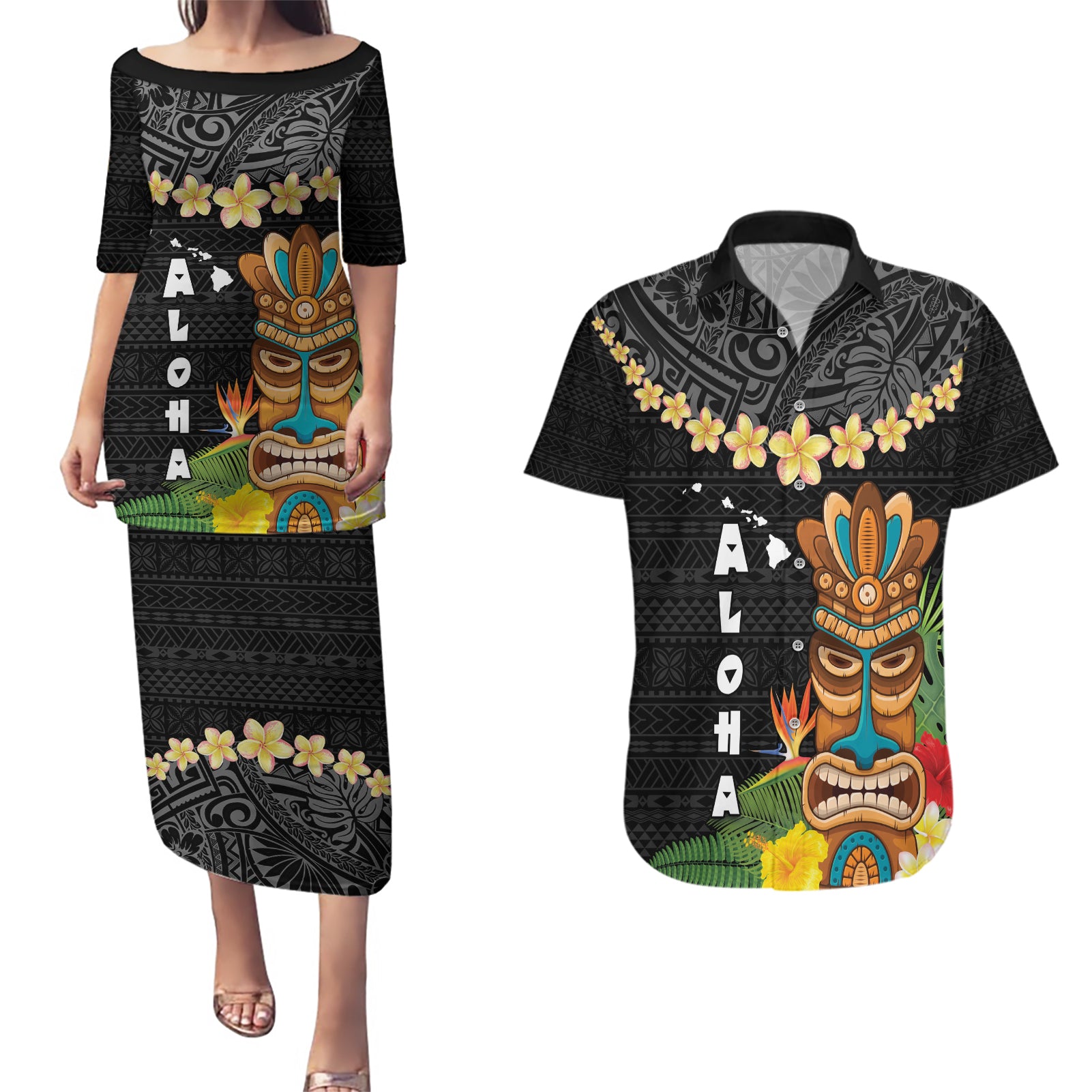Hawaii Plumeria Lei Couples Matching Puletasi and Hawaiian Shirt Tiki and Kakau Pattern Black Color