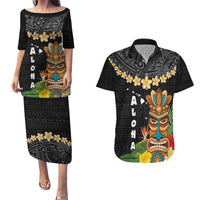 Hawaii Plumeria Lei Couples Matching Puletasi and Hawaiian Shirt Tiki and Kakau Pattern Black Color