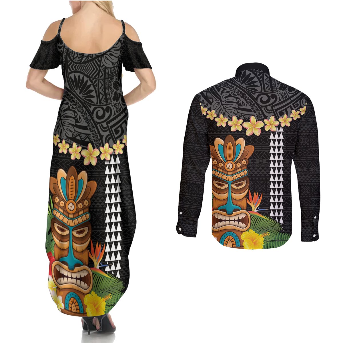 Hawaii Plumeria Lei Couples Matching Summer Maxi Dress and Long Sleeve Button Shirt Tiki and Kakau Pattern Black Color