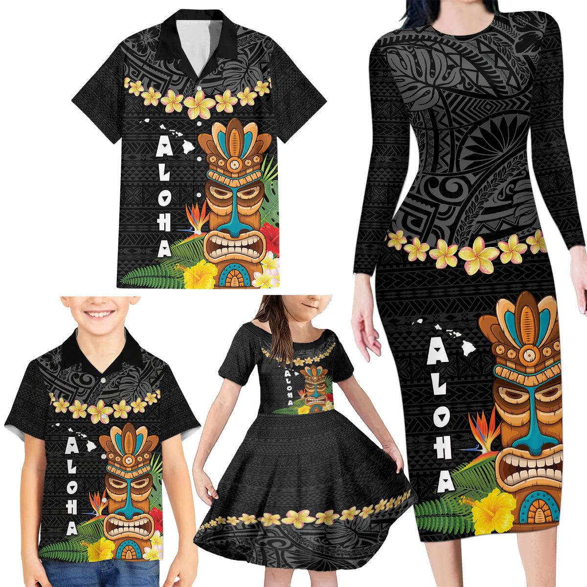 Hawaii Plumeria Lei Family Matching Long Sleeve Bodycon Dress and Hawaiian Shirt Tiki and Kakau Pattern Black Color LT03 - Polynesian Pride