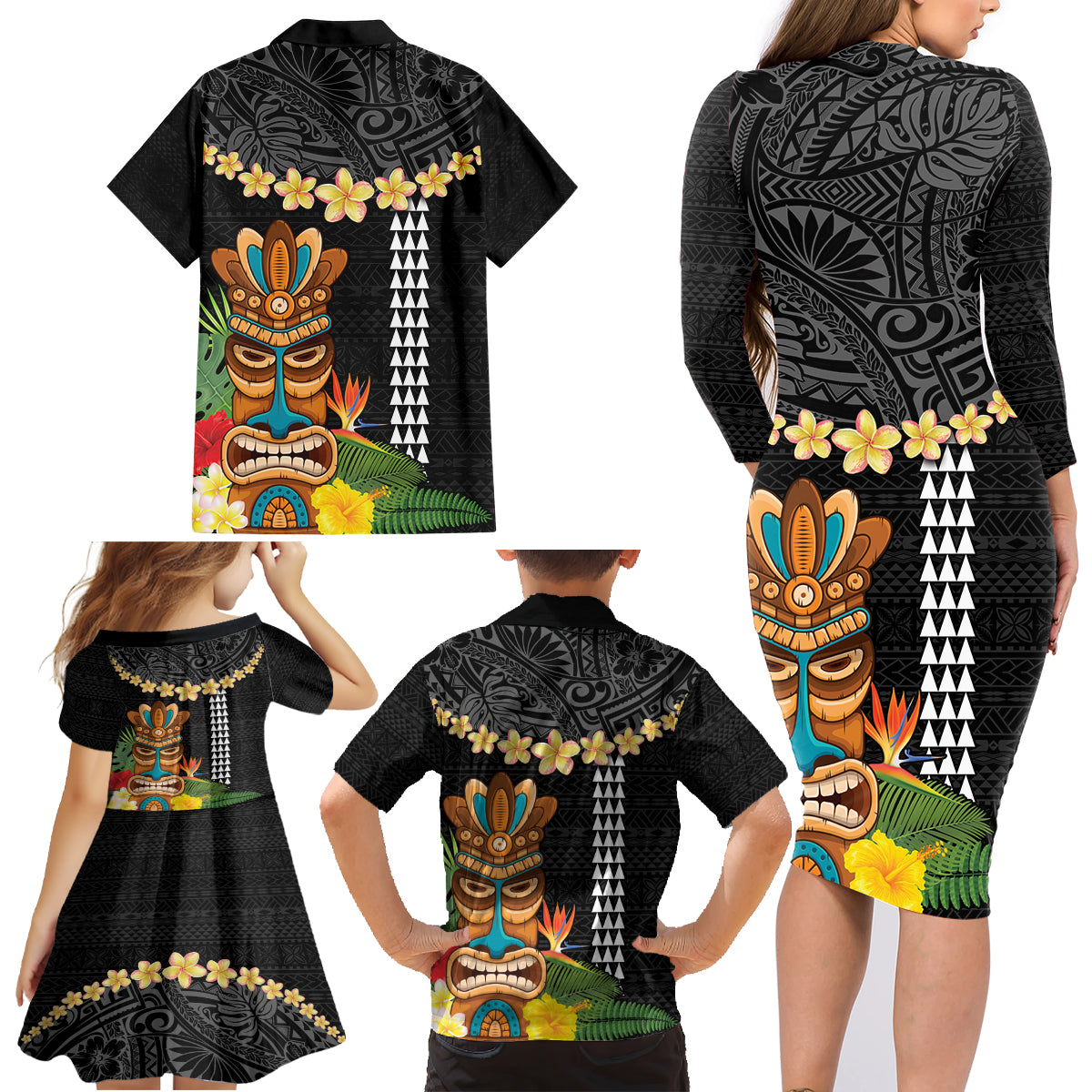 Hawaii Plumeria Lei Family Matching Long Sleeve Bodycon Dress and Hawaiian Shirt Tiki and Kakau Pattern Black Color LT03 - Polynesian Pride
