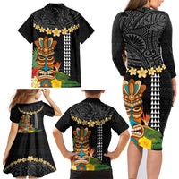Hawaii Plumeria Lei Family Matching Long Sleeve Bodycon Dress and Hawaiian Shirt Tiki and Kakau Pattern Black Color LT03 - Polynesian Pride