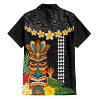 Hawaii Plumeria Lei Family Matching Long Sleeve Bodycon Dress and Hawaiian Shirt Tiki and Kakau Pattern Black Color LT03 - Polynesian Pride