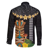 Hawaii Plumeria Lei Family Matching Long Sleeve Bodycon Dress and Hawaiian Shirt Tiki and Kakau Pattern Black Color LT03 - Polynesian Pride