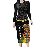 Hawaii Plumeria Lei Family Matching Long Sleeve Bodycon Dress and Hawaiian Shirt Tiki and Kakau Pattern Black Color LT03 Mom's Dress Black - Polynesian Pride