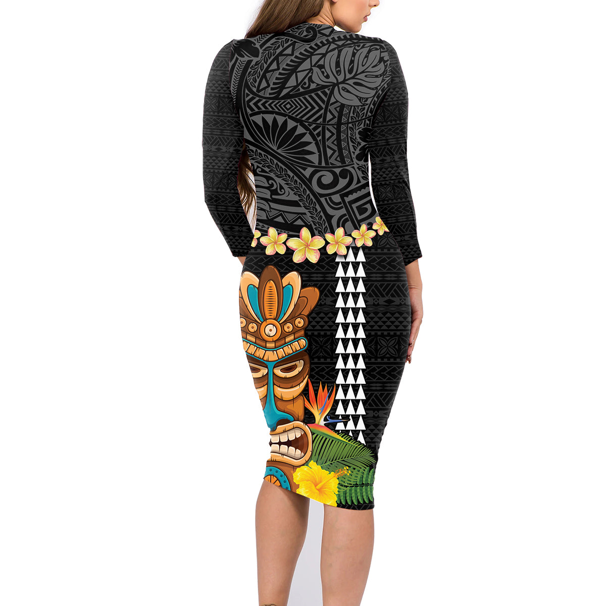 Hawaii Plumeria Lei Family Matching Long Sleeve Bodycon Dress and Hawaiian Shirt Tiki and Kakau Pattern Black Color LT03 - Polynesian Pride
