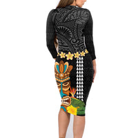 Hawaii Plumeria Lei Family Matching Long Sleeve Bodycon Dress and Hawaiian Shirt Tiki and Kakau Pattern Black Color LT03 - Polynesian Pride