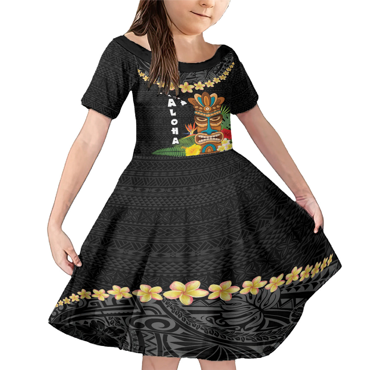 Hawaii Plumeria Lei Family Matching Mermaid Dress and Hawaiian Shirt Tiki and Kakau Pattern Black Color LT03 Daughter's Dress Black - Polynesian Pride