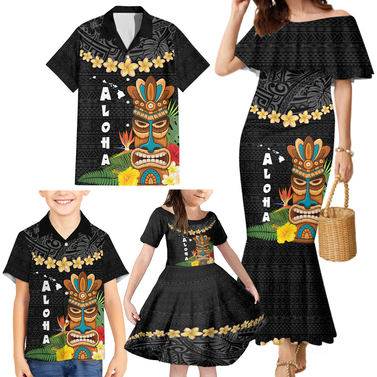 Hawaii Plumeria Lei Family Matching Mermaid Dress and Hawaiian Shirt Tiki and Kakau Pattern Black Color LT03 - Polynesian Pride