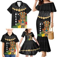 Hawaii Plumeria Lei Family Matching Mermaid Dress and Hawaiian Shirt Tiki and Kakau Pattern Black Color LT03 - Polynesian Pride