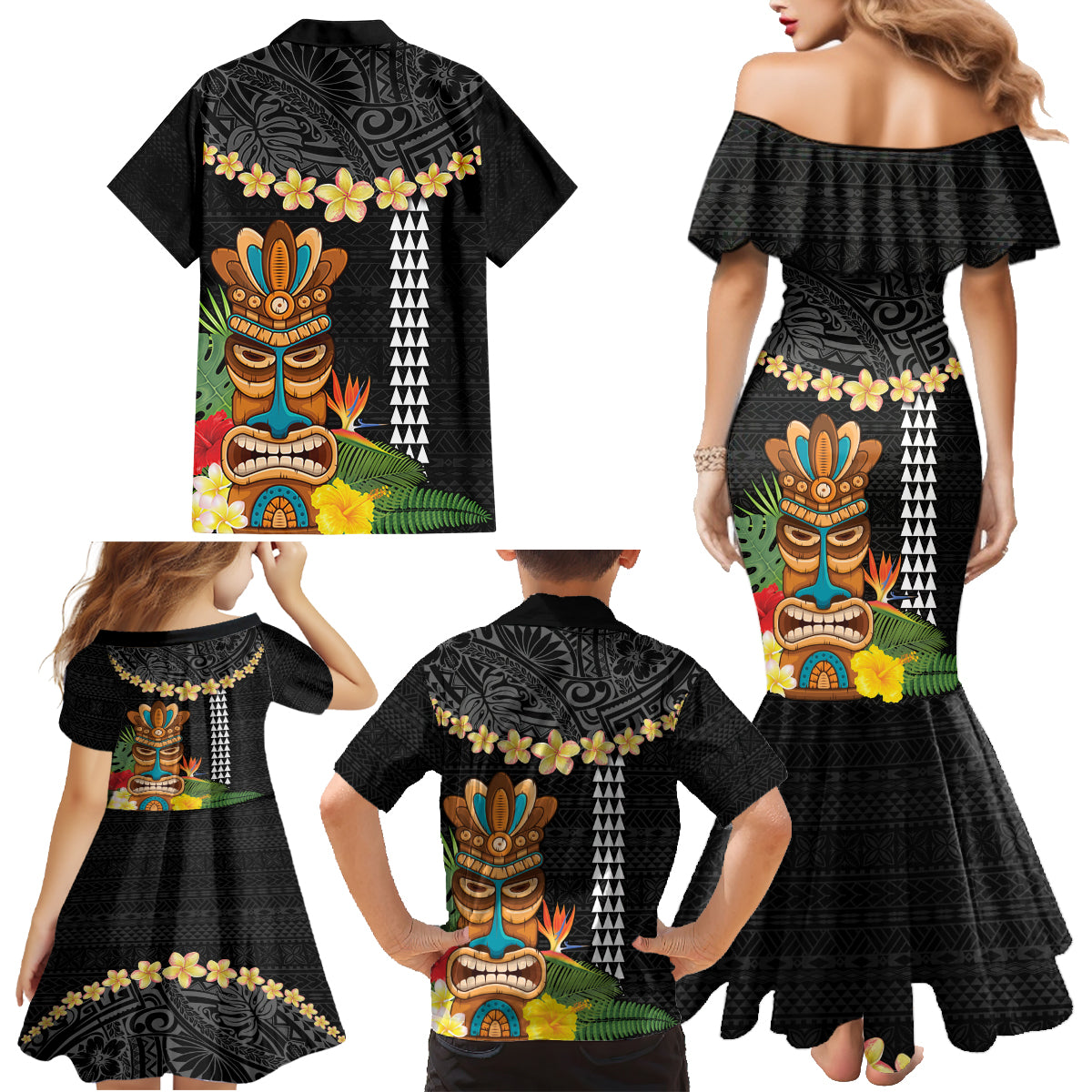 Hawaii Plumeria Lei Family Matching Mermaid Dress and Hawaiian Shirt Tiki and Kakau Pattern Black Color LT03 - Polynesian Pride