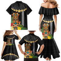 Hawaii Plumeria Lei Family Matching Mermaid Dress and Hawaiian Shirt Tiki and Kakau Pattern Black Color LT03 - Polynesian Pride