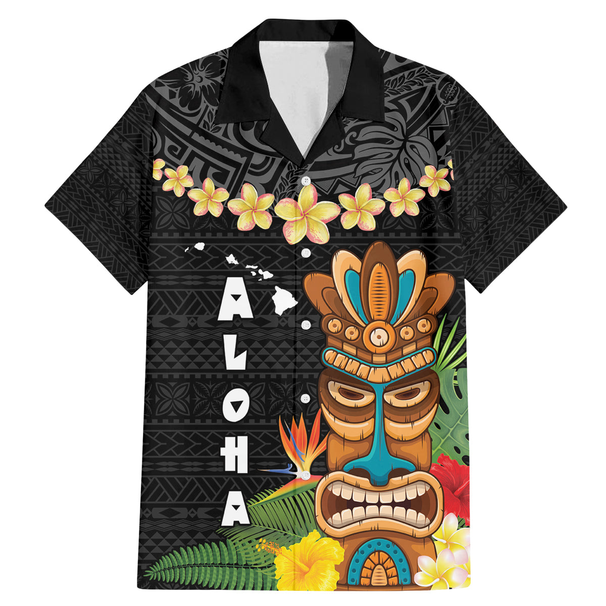 Hawaii Plumeria Lei Family Matching Mermaid Dress and Hawaiian Shirt Tiki and Kakau Pattern Black Color LT03 Dad's Shirt - Short Sleeve Black - Polynesian Pride