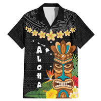 Hawaii Plumeria Lei Family Matching Mermaid Dress and Hawaiian Shirt Tiki and Kakau Pattern Black Color LT03 Dad's Shirt - Short Sleeve Black - Polynesian Pride