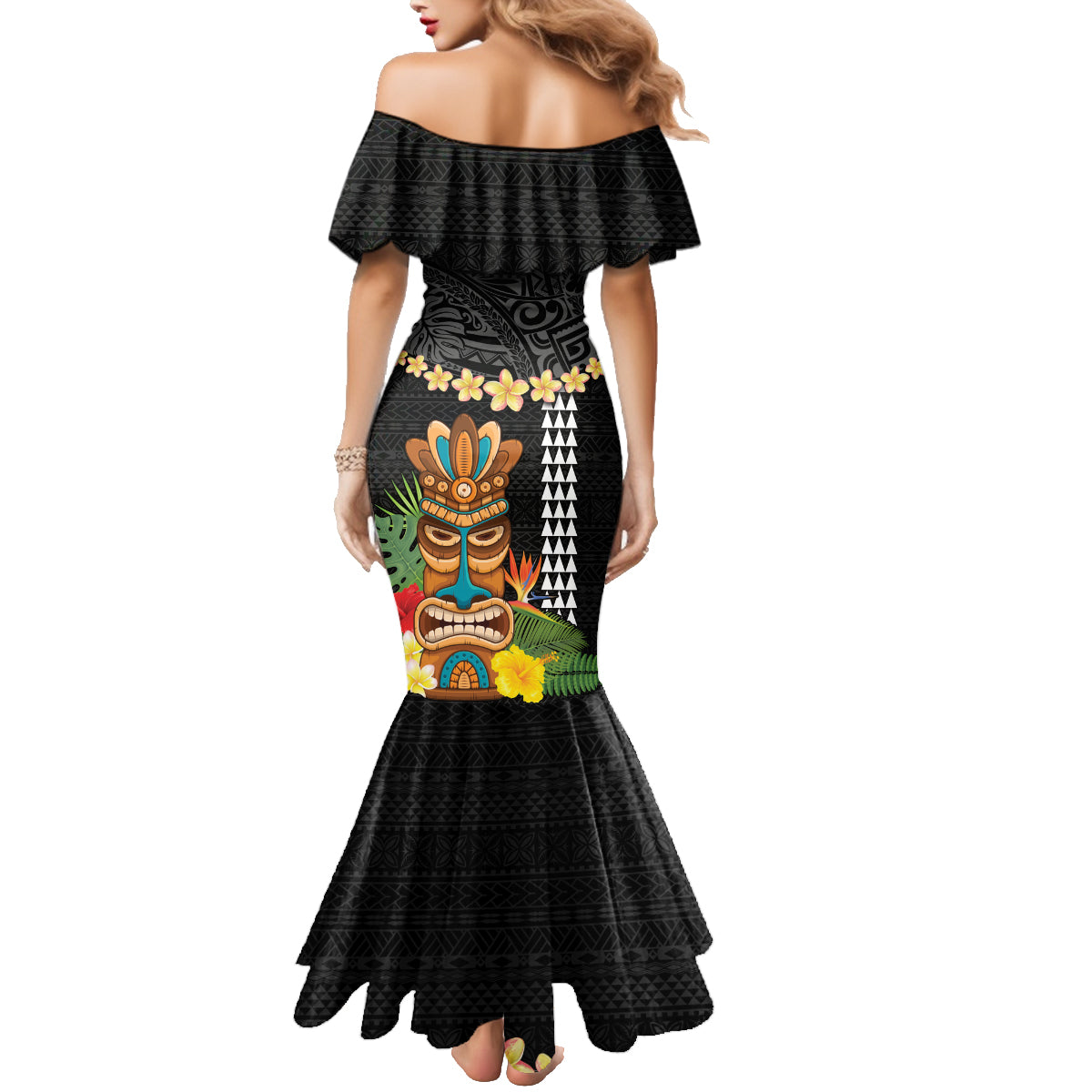 Hawaii Plumeria Lei Family Matching Mermaid Dress and Hawaiian Shirt Tiki and Kakau Pattern Black Color LT03 - Polynesian Pride