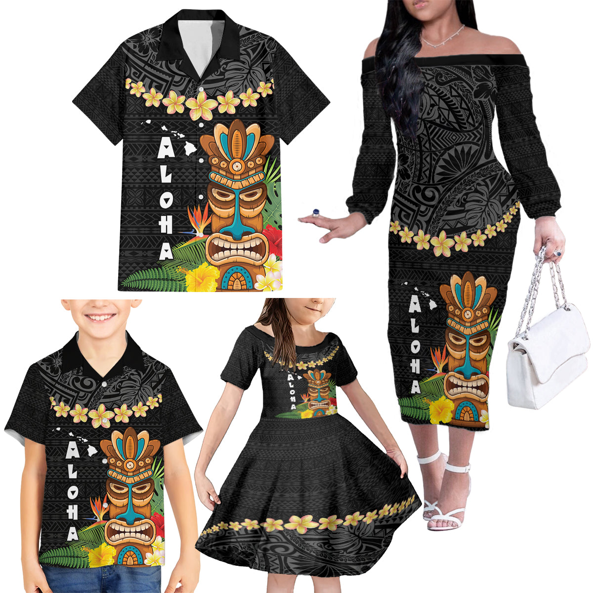 Hawaii Plumeria Lei Family Matching Off The Shoulder Long Sleeve Dress and Hawaiian Shirt Tiki and Kakau Pattern Black Color LT03 - Polynesian Pride