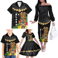 Hawaii Plumeria Lei Family Matching Off The Shoulder Long Sleeve Dress and Hawaiian Shirt Tiki and Kakau Pattern Black Color LT03 - Polynesian Pride