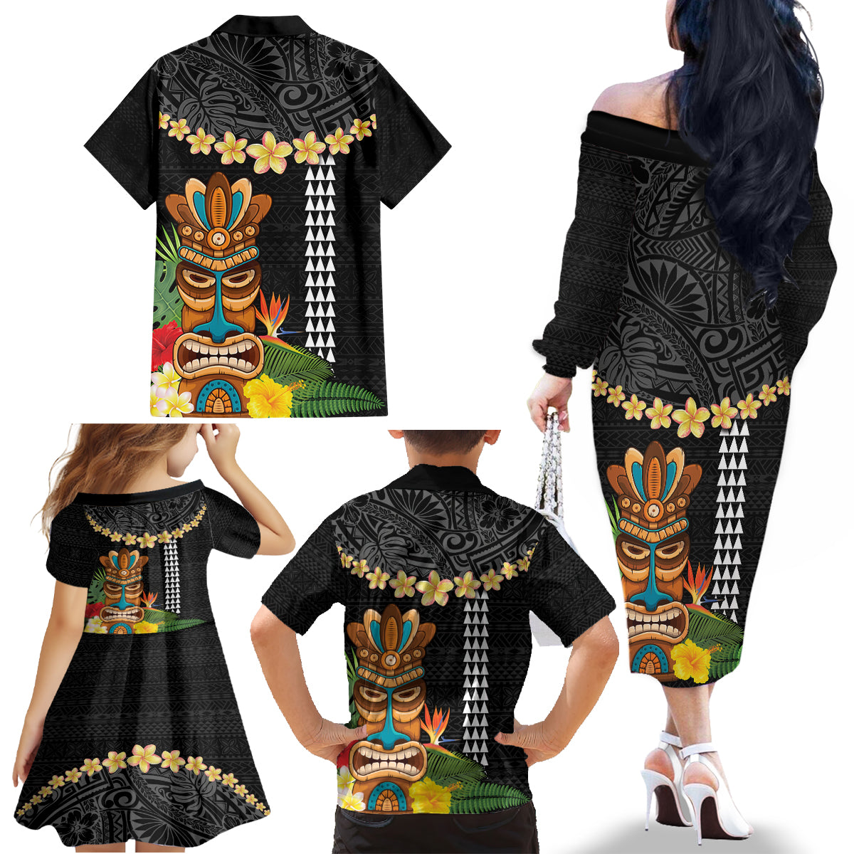 Hawaii Plumeria Lei Family Matching Off The Shoulder Long Sleeve Dress and Hawaiian Shirt Tiki and Kakau Pattern Black Color LT03 - Polynesian Pride