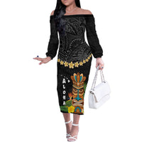 Hawaii Plumeria Lei Family Matching Off The Shoulder Long Sleeve Dress and Hawaiian Shirt Tiki and Kakau Pattern Black Color LT03 Mom's Dress Black - Polynesian Pride