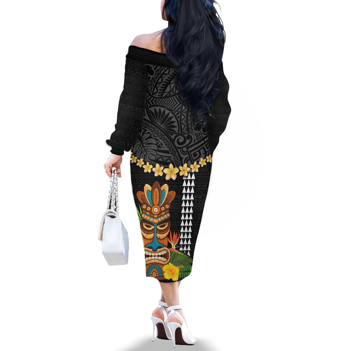Hawaii Plumeria Lei Family Matching Off The Shoulder Long Sleeve Dress and Hawaiian Shirt Tiki and Kakau Pattern Black Color LT03 - Polynesian Pride