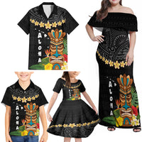Hawaii Plumeria Lei Family Matching Off Shoulder Maxi Dress and Hawaiian Shirt Tiki and Kakau Pattern Black Color LT03 - Polynesian Pride