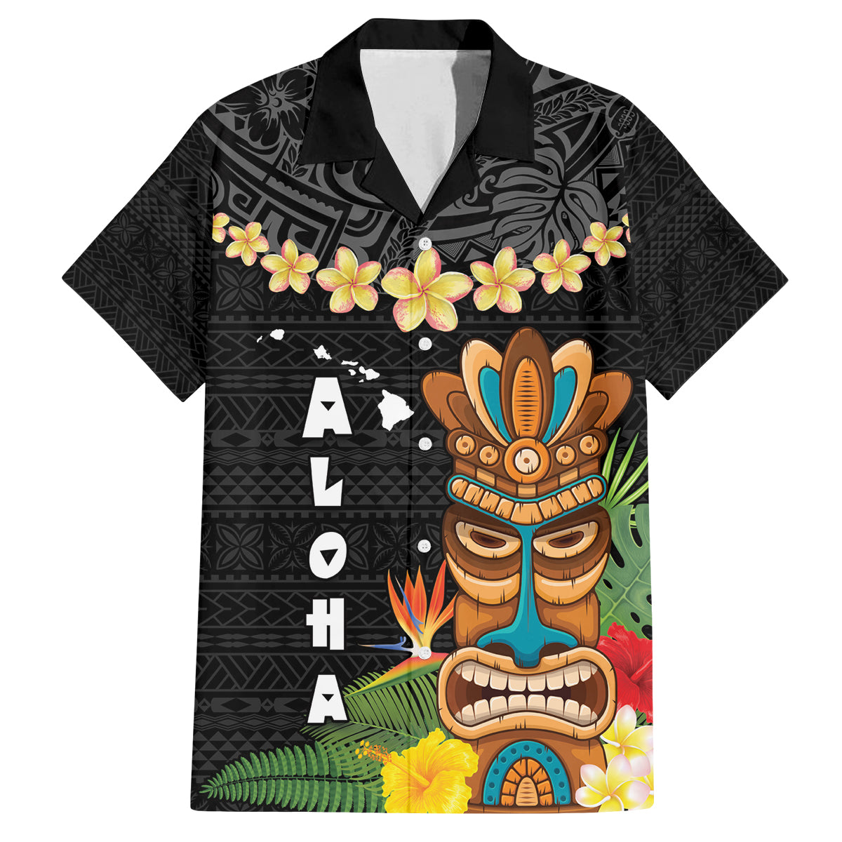 Hawaii Plumeria Lei Family Matching Off Shoulder Maxi Dress and Hawaiian Shirt Tiki and Kakau Pattern Black Color LT03 Dad's Shirt - Short Sleeve Black - Polynesian Pride