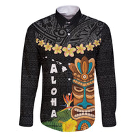Hawaii Plumeria Lei Family Matching Off Shoulder Maxi Dress and Hawaiian Shirt Tiki and Kakau Pattern Black Color LT03 Dad's Shirt - Long Sleeve Black - Polynesian Pride