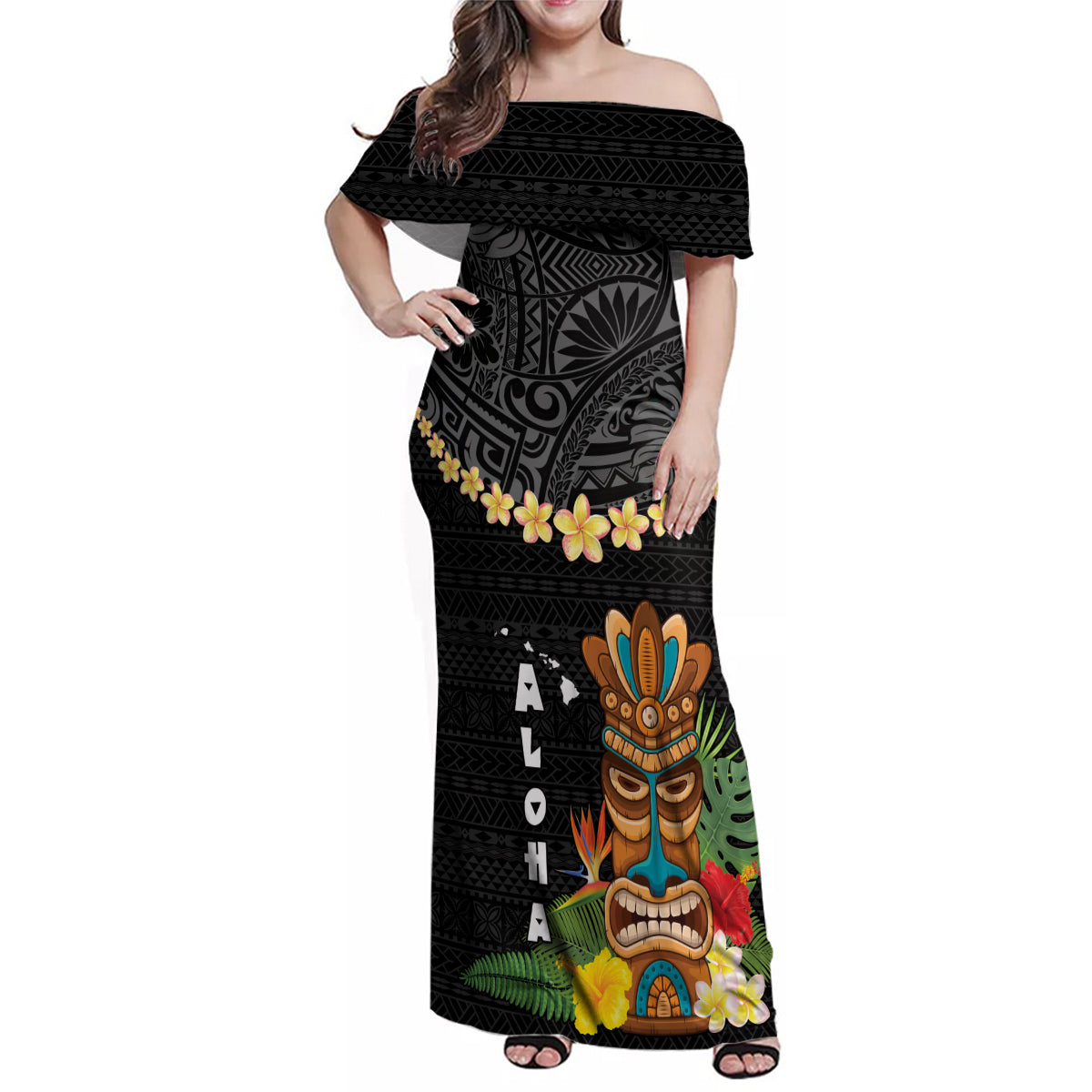 Hawaii Plumeria Lei Family Matching Off Shoulder Maxi Dress and Hawaiian Shirt Tiki and Kakau Pattern Black Color LT03 Mom's Dress Black - Polynesian Pride