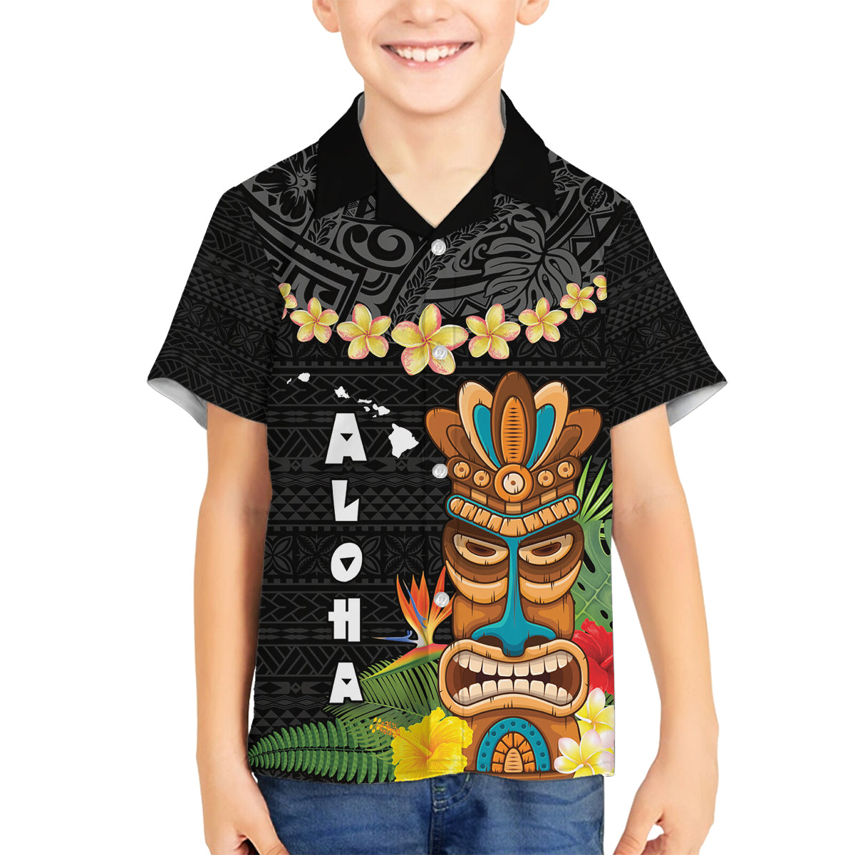 Hawaii Plumeria Lei Family Matching Off Shoulder Maxi Dress and Hawaiian Shirt Tiki and Kakau Pattern Black Color LT03 Son's Shirt Black - Polynesian Pride