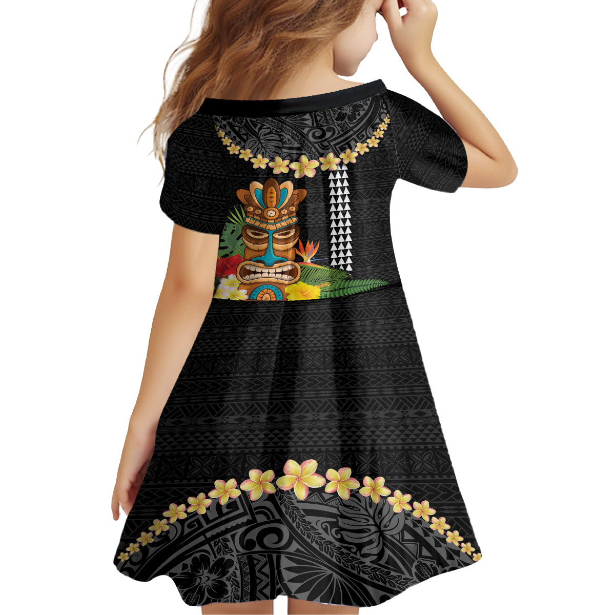 Hawaii Plumeria Lei Family Matching Off Shoulder Short Dress and Hawaiian Shirt Tiki and Kakau Pattern Black Color LT03 - Polynesian Pride
