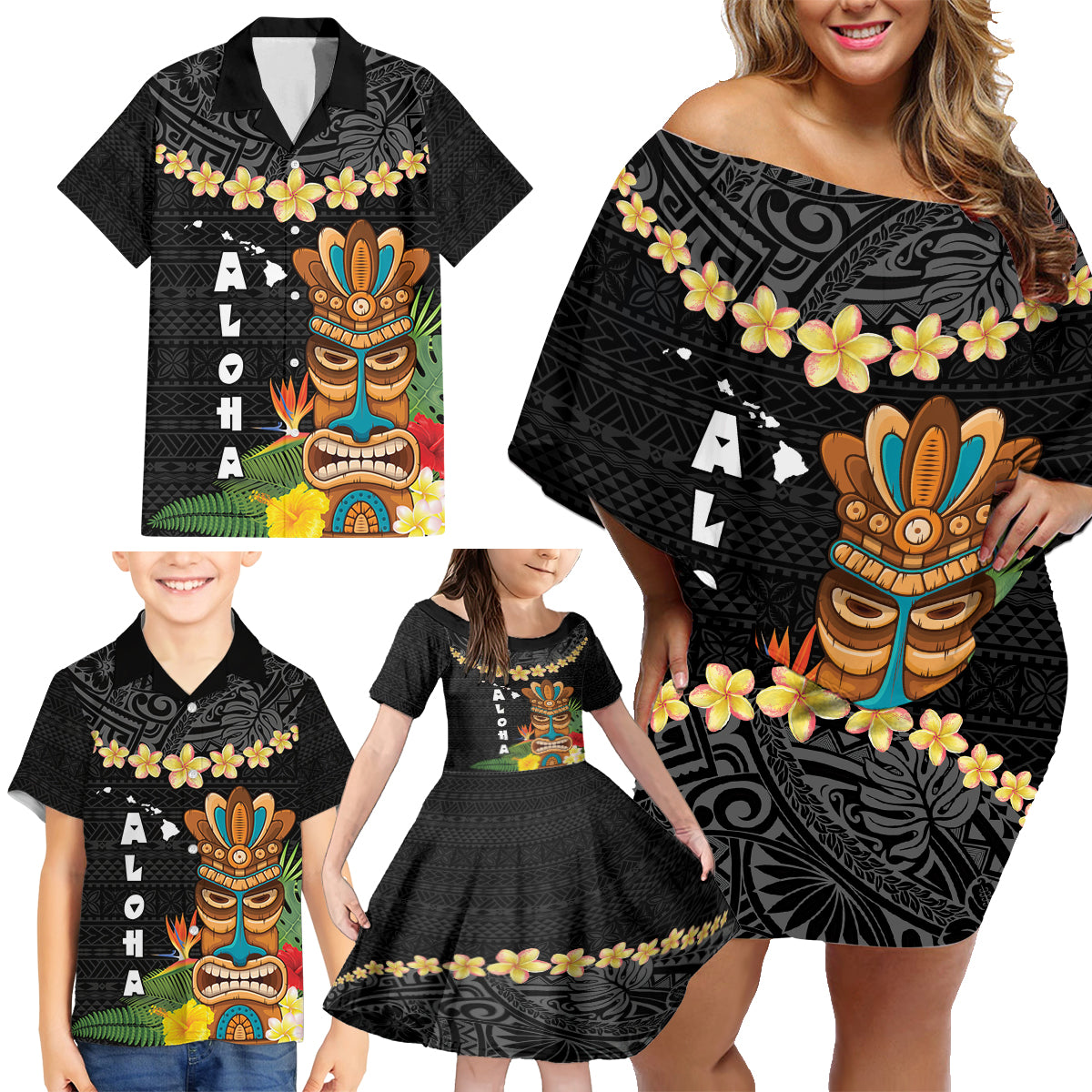 Hawaii Plumeria Lei Family Matching Off Shoulder Short Dress and Hawaiian Shirt Tiki and Kakau Pattern Black Color LT03 - Polynesian Pride