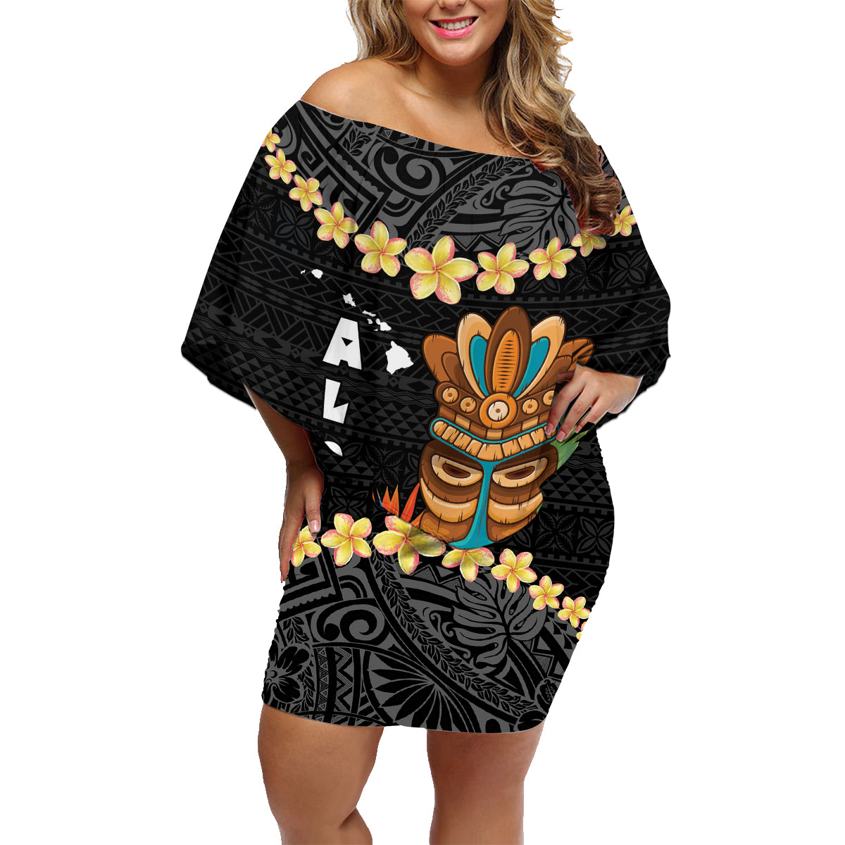 Hawaii Plumeria Lei Family Matching Off Shoulder Short Dress and Hawaiian Shirt Tiki and Kakau Pattern Black Color LT03 Mom's Dress Black - Polynesian Pride