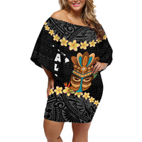 Hawaii Plumeria Lei Family Matching Off Shoulder Short Dress and Hawaiian Shirt Tiki and Kakau Pattern Black Color LT03 Mom's Dress Black - Polynesian Pride