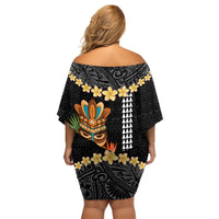 Hawaii Plumeria Lei Family Matching Off Shoulder Short Dress and Hawaiian Shirt Tiki and Kakau Pattern Black Color LT03 - Polynesian Pride