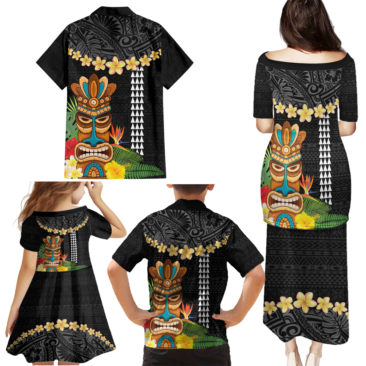 Hawaii Plumeria Lei Family Matching Puletasi and Hawaiian Shirt Tiki and Kakau Pattern Black Color LT03 - Polynesian Pride