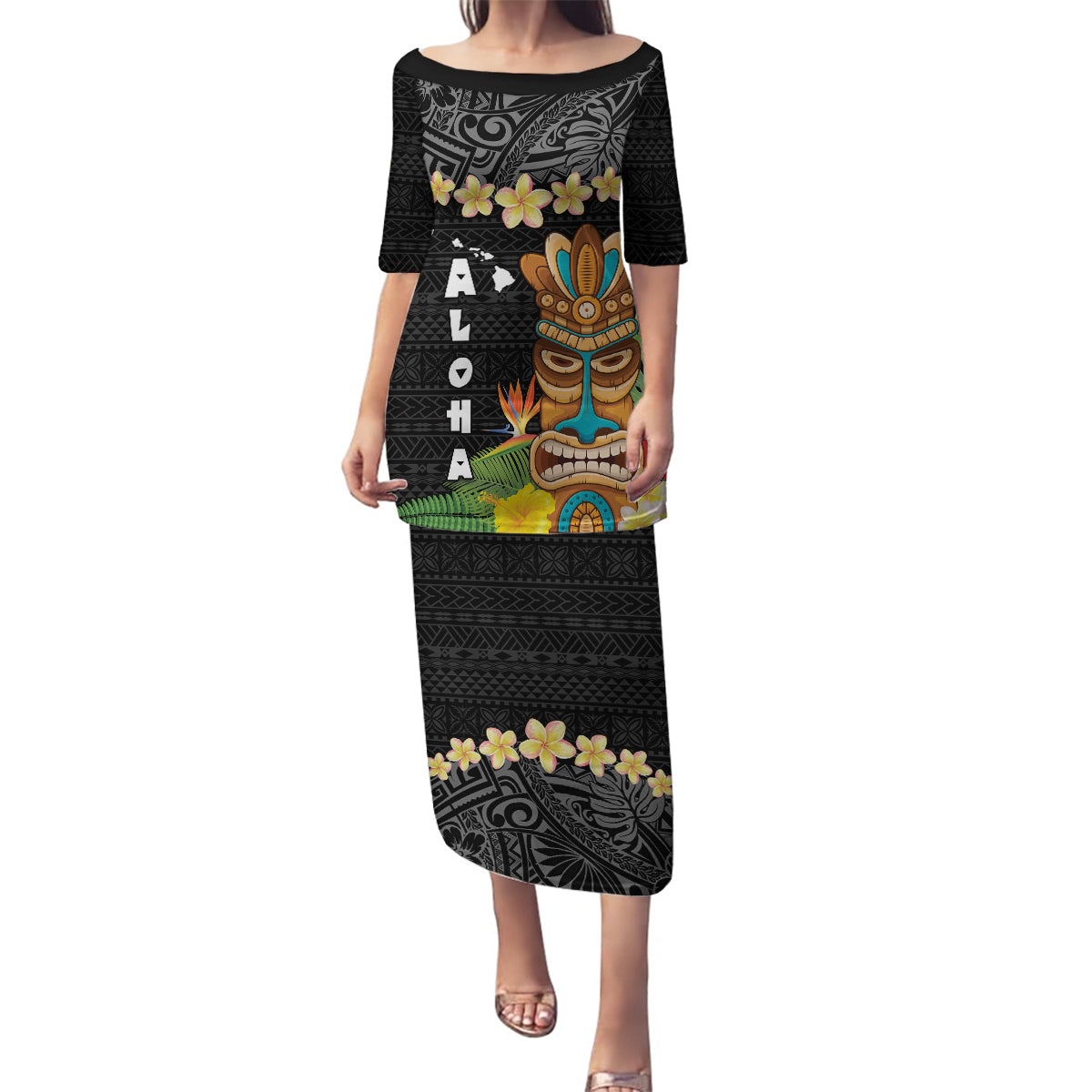 Hawaii Plumeria Lei Family Matching Puletasi and Hawaiian Shirt Tiki and Kakau Pattern Black Color LT03 Mom's Dress Black - Polynesian Pride