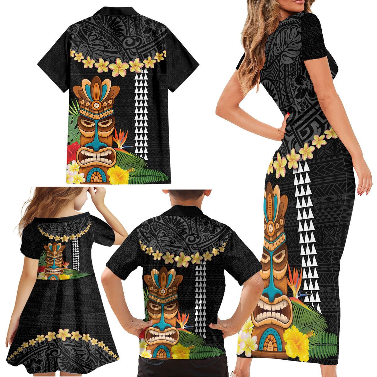 Hawaii Plumeria Lei Family Matching Short Sleeve Bodycon Dress and Hawaiian Shirt Tiki and Kakau Pattern Black Color LT03 - Polynesian Pride