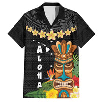 Hawaii Plumeria Lei Family Matching Short Sleeve Bodycon Dress and Hawaiian Shirt Tiki and Kakau Pattern Black Color LT03 Dad's Shirt - Short Sleeve Black - Polynesian Pride