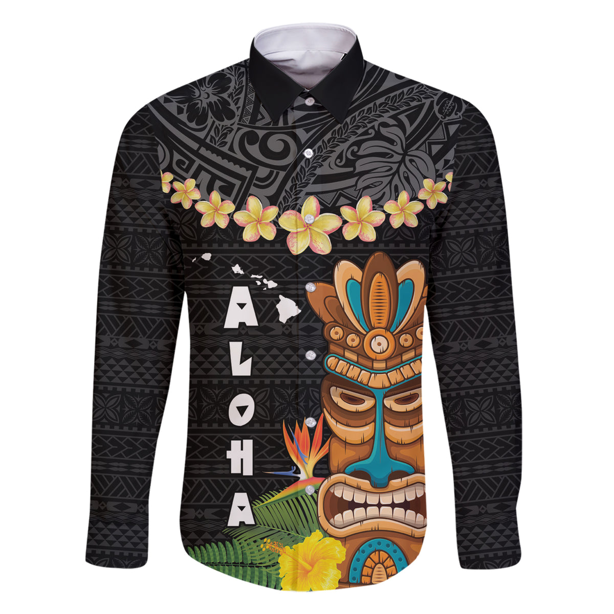 Hawaii Plumeria Lei Family Matching Short Sleeve Bodycon Dress and Hawaiian Shirt Tiki and Kakau Pattern Black Color LT03 Dad's Shirt - Long Sleeve Black - Polynesian Pride